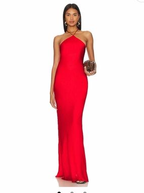 Line & Dot Red Halter Maxi Dress